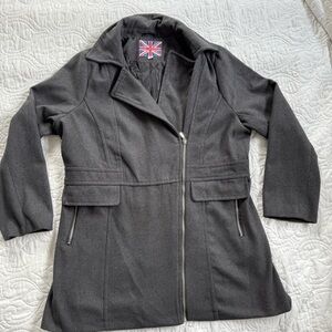 Miss London Charcoal Wool Blend Asymmetrical Zip Mid-length Coat Women's 2XL EUC